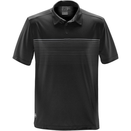 A black men's polo shirt with a striped design across the chest and a logo on the hem.