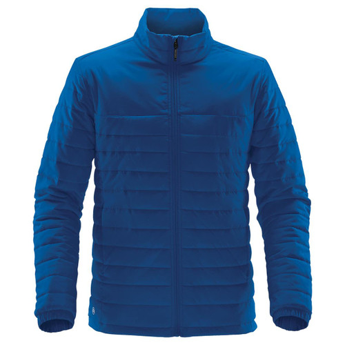 A blue quilted jacket with a zip front and stand collar, featuring a logo on the side.