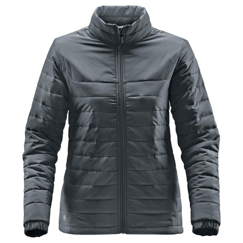 A women's quilted jacket in dark grey with a zip front and stand-up collar. It features a branding logo.