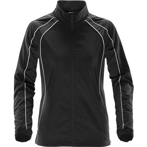 A black women's rain jacket with white piping details and a zippered front, featuring a logo on the chest.