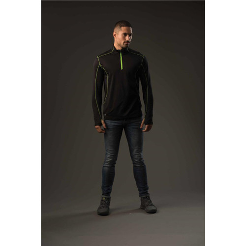 A black men's fleece pullover with contrasting green accents, featuring a zip collar and long sleeves.