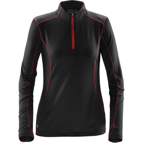 A women's black polar fleece pullover with red stitching and a half-zip front. It features long sleeves and a sporty design.