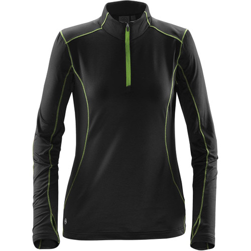 A women's black fleece pullover with a quarter zip and green accents, featuring long sleeves and a logo.