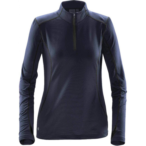 A navy women's fleece pullover with a half-zip collar and long sleeves, featuring a logo on the hem.