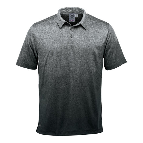 A dark grey polo shirt with a collar and short sleeves, featuring a logo on the hem.