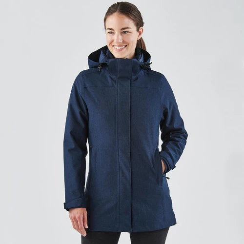 A navy blue women's jacket featuring a hood and adjustable elements, with a logo on the sleeve.