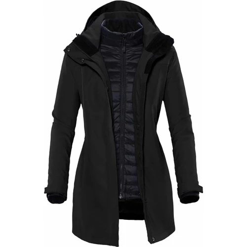 A black women's jacket featuring a hood and a zippered front, with a quilted inner lining and a logo.