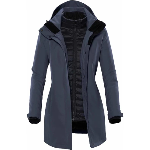 A women's jacket featuring a combination of dark grey outer fabric and a black inner lining, with a hood and stylish cut.