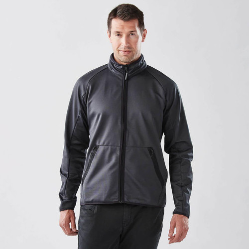 A men's polar fleece jacket in dark grey, featuring a full zip and a subtle logo.