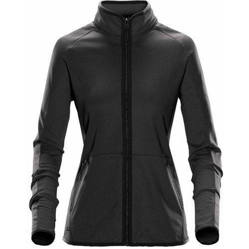 A women's polar fleece jacket in black with a full zip, high collar, and side pockets. Features a logo.