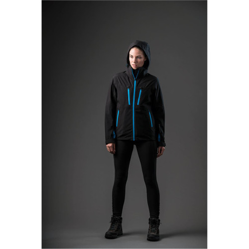 A black women's jacket featuring blue accents, equipped with a hood and multiple pockets. It includes branding.