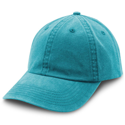 A turquoise cap with a curved brim and six panels, featuring a logo on the front.