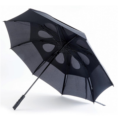 A black umbrella with a unique design featuring large circular cutouts and a sturdy handle.