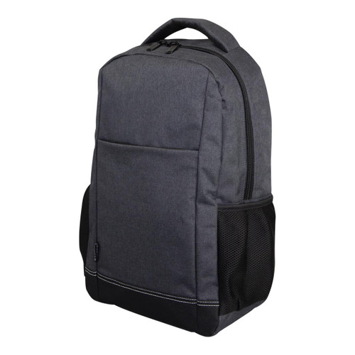 A black and grey laptop backpack with a zipper closure and side mesh pockets. It features a logo on the front.