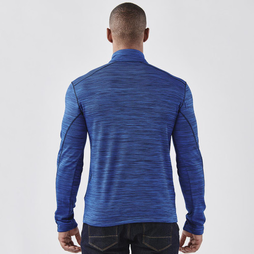 A men's blue base thermal 1/4 zip jumper with a textured pattern, featuring a branded logo.