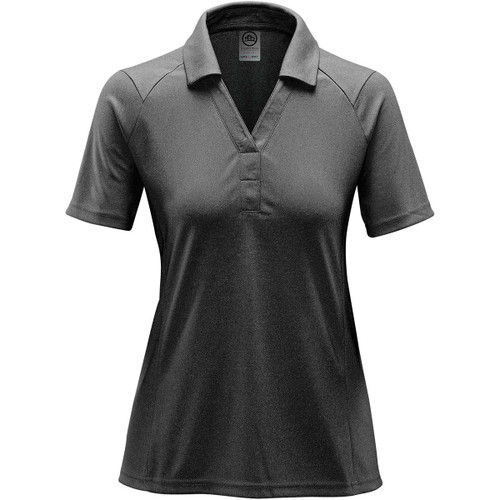 A women's polo shirt in heathered dark grey, featuring a collar and short sleeves. Includes a logo.