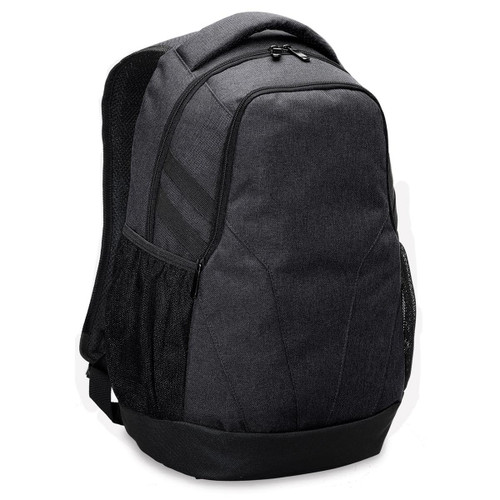A grey laptop backpack featuring a spacious main compartment and mesh side pockets, with a logo on the front.