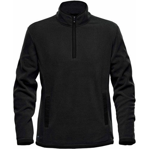 A black men's fleece jumper featuring a 1/4 zip design and side pockets, with a logo on it.
