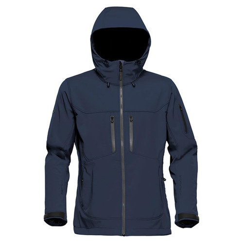 A navy softshell jacket with a hood, featuring multiple zippered pockets and a logo.