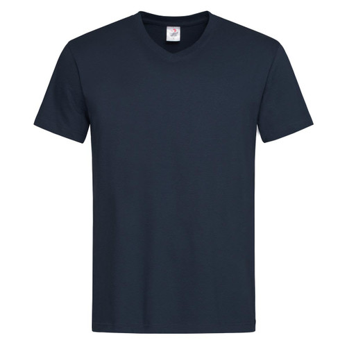 A navy blue men's classic V-neck T-shirt with short sleeves. The shirt features a label and has a simple design.