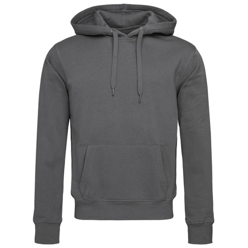 A grey men's active sweat hoody featuring a front pocket and a drawstring hood, with a logo on the front.