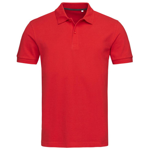 A red polo shirt with a classic collar and short sleeves. It features a logo on the chest.