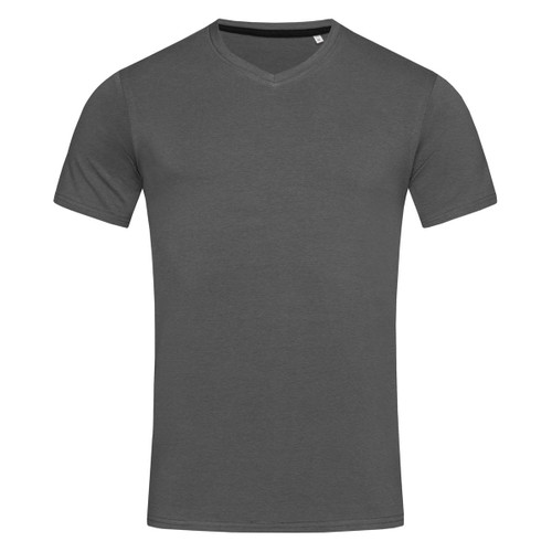 A grey men's V-neck T-shirt with short sleeves. Features a subtle logo on the front.