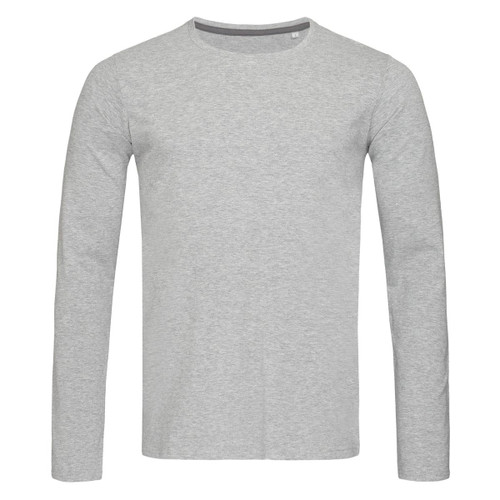 A grey long sleeve t-shirt for men, featuring a crew neckline and a simple design with a logo.