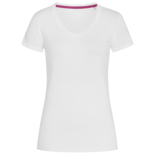 A white women's V-neck T-shirt with short sleeves and a purple trim inside the neckline. It features a logo.