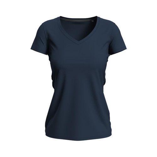 A navy women's t-shirt with a V-neck design, featuring short sleeves and a fitted silhouette.