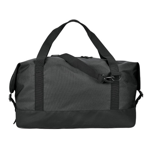 A black duffle bag features dual handles and a detachable shoulder strap, with an adjustable buckle and a branding logo.