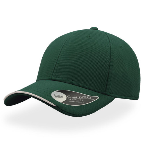 A green cap with a curved visor, featuring a logo on the side.