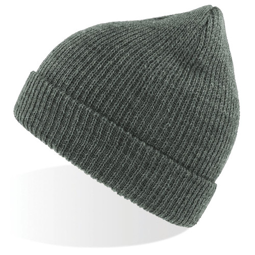 A dark green Woolly Beanie with a ribbed texture and a pointed top, featuring a logo.