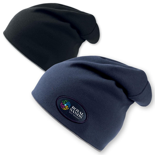 Two beanies in black and navy blue, featuring a logo on one side, showcased together.