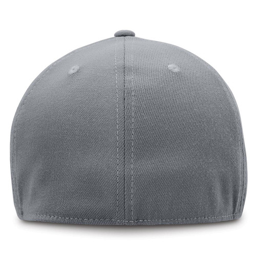 A grey cap with a smooth fabric finish and a rounded back, featuring stitching details and a logo.