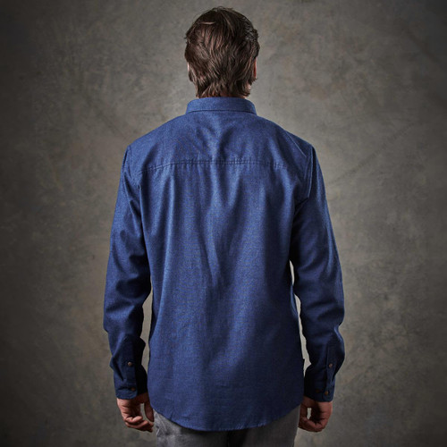 A men's long-sleeve button-up shirt in a dark blue shade, featuring a back view and a simple design.