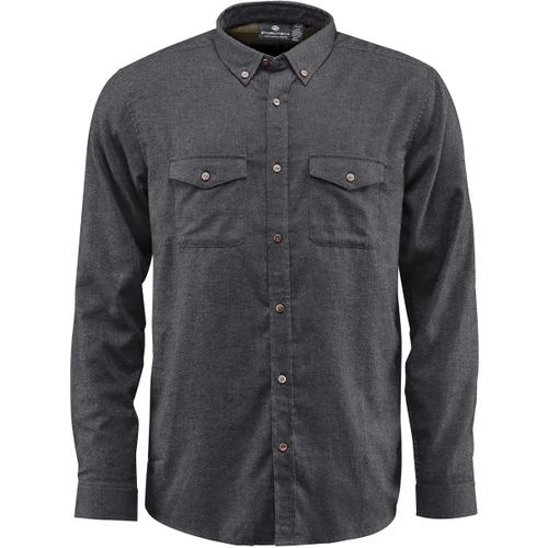 A dark grey button-up shirt with long sleeves and two chest pockets. It features a logo on the label.