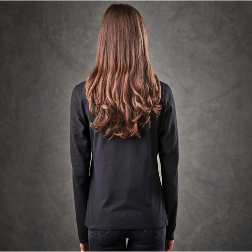 A long-sleeved black women's Henley shirt displayed from the back, featuring a fitted design.
