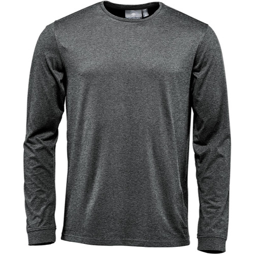 A long-sleeve T-shirt in a dark grey colour, featuring a simple design and a logo on the label.
