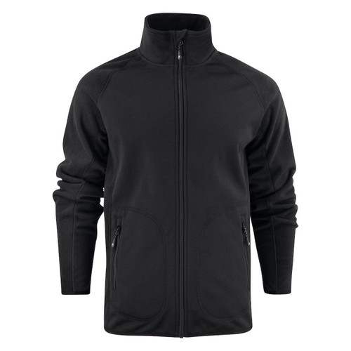 A black softshell fleece hybrid jacket featuring a zip front and two side pockets, with a logo on the chest.