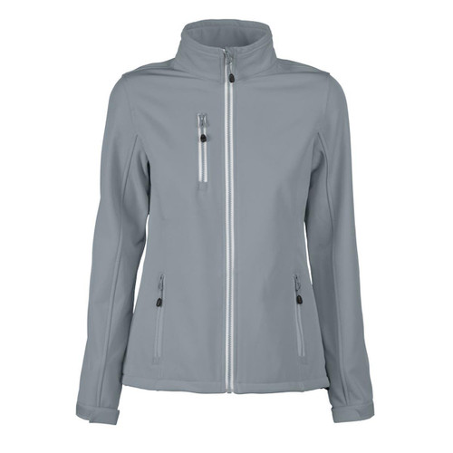 A light grey women's softshell jacket featuring zippered pockets and a collar. It has a logo on the design.