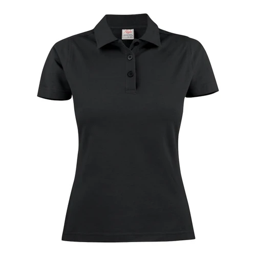 A black women's cotton polo shirt featuring a collared neckline and three buttons, with a logo on the label.