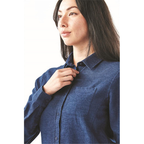 A woman's long sleeve twill shirt in navy blue, featuring a button-up design and a chest pocket.