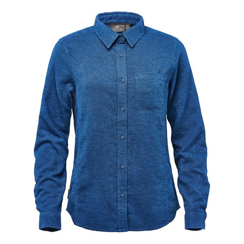 A women's long sleeve button-up shirt in a rich blue hue with a chest pocket and a logo on the collar.
