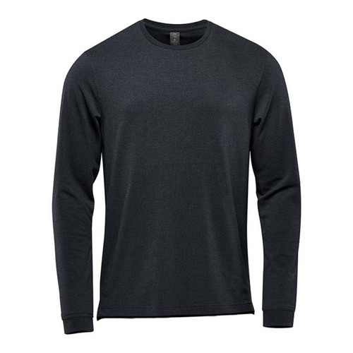 A dark grey long sleeve tee featuring a simple design and a logo.