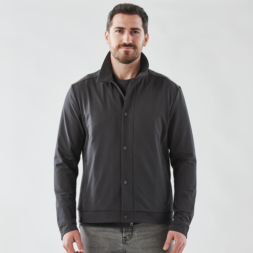 A black men's jacket with a collared design, featuring buttons and a logo. The model stands against a plain background.