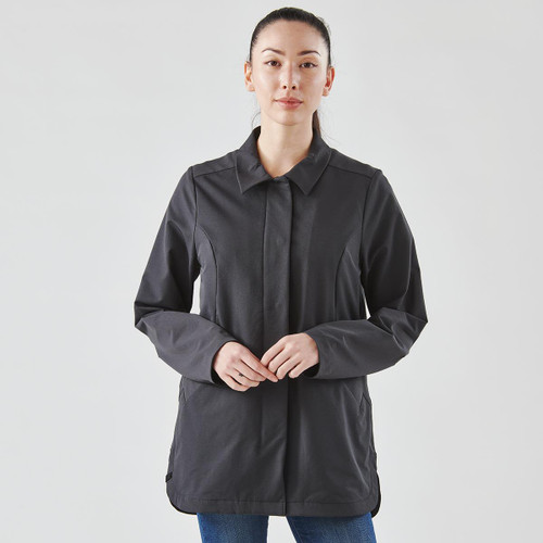 A women's jacket in dark grey with a collar and long sleeves, featuring a logo.