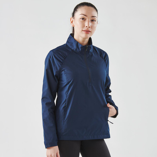 A navy blue women's 1/4 zip anorak jacket with a zippered collar and a logo on the front.