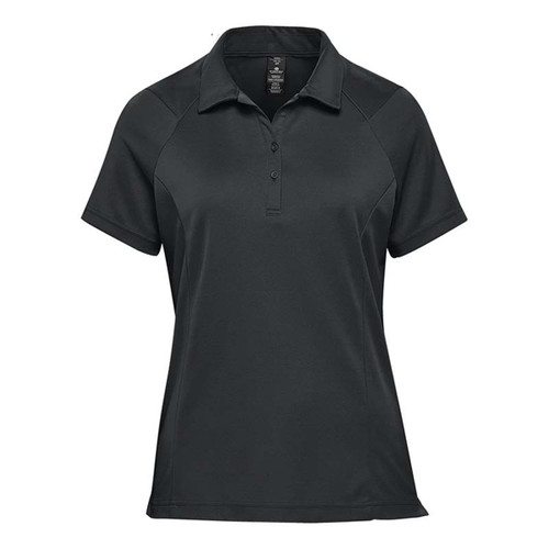 A dark green women's polo shirt featuring a collar and short sleeves, with a logo on the chest area.