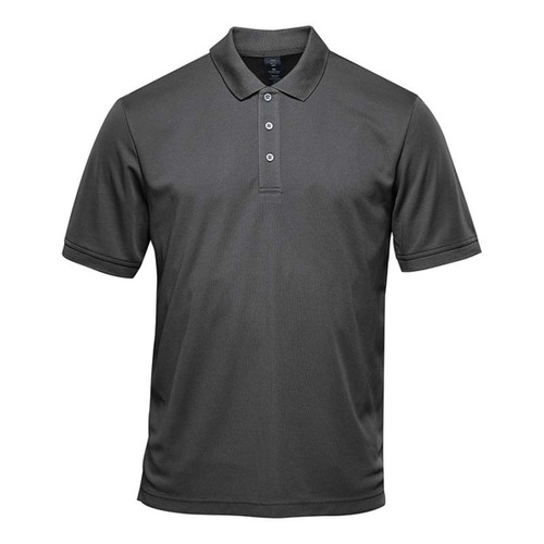 A dark grey men's polo shirt with a collar and three buttons, featuring a logo on the chest.